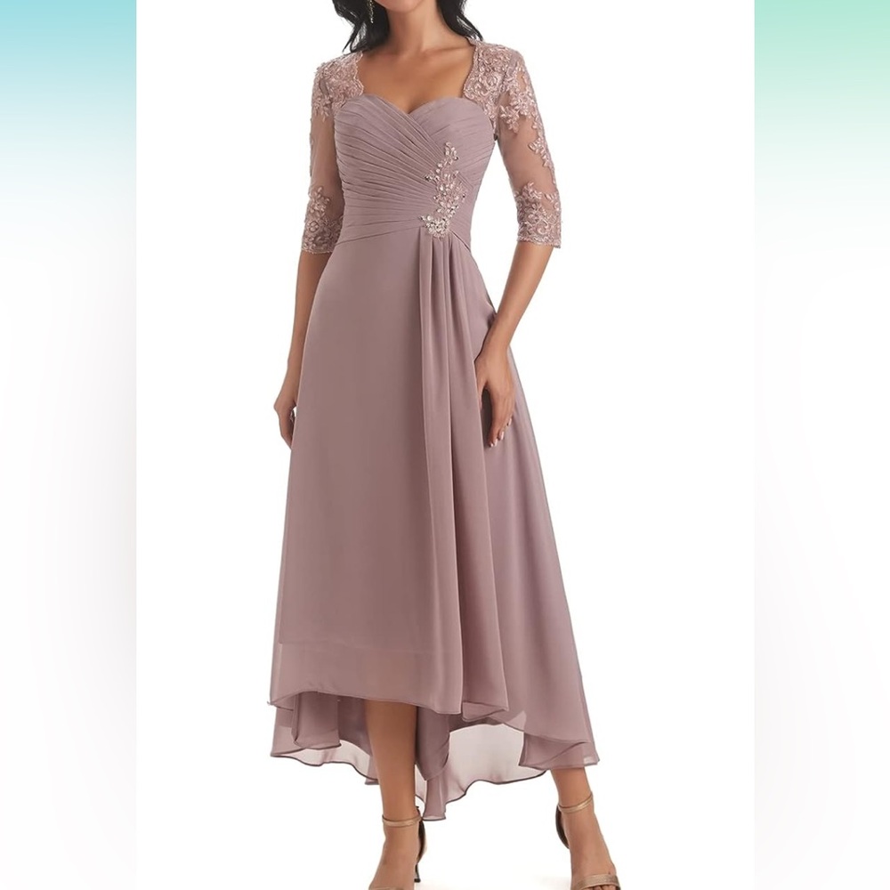 Women’s Tea Length Mother of the Bride Dress Short Sleeve Lace Appliqué Formal